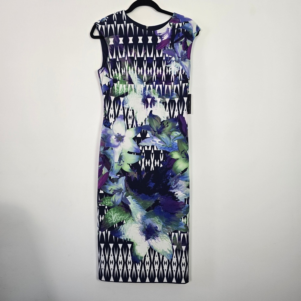 Vince Camuto Sheath Dress Womens 8 Navy Floral Geometric Midi Elegant Abstract